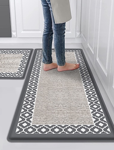  廊下やキッチン用の厚手のPVC製ランナーラグ、疲労軽減フロアマット、フェイクテスリンダブルフレームデザイン、防水、耐油、滑り止めレザーカーペット