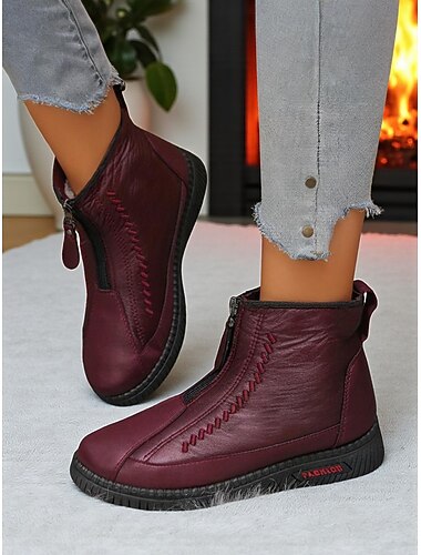  Γυναικεία μπορντό μποτάκια με φερμουάρ και ραμμένες λεπτομέρειες - κομψά και ζεστά, ιδανικά για casual εξόδους, φθινοπωρινά και χειμερινά ρούχα