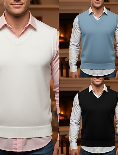  Herren Pullunder Kleid Pullover Pullover Weste Strickpullover Gerippt Stricken Normale Oberteile Gestrickt Einfach V Ausschnitt Mode Lässig Urlaub Alltagskleidung Bekleidung Herbst Winter Schwarz Weiß