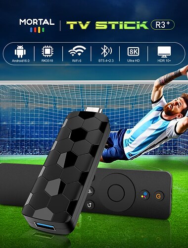  r3+ Android 16.0 TV-pinne, 8k ultra HD-streamingspiller med rk3518-brikke, wifi 6, BT 5.4, HDR 10+, fotballmønsterdesign, bærbar smart-TV-dongle for sportsfester og fotballfans
