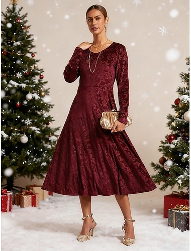  karácsonyi női midi ruha, szegély nélküli ruha, bársony ruha, paisley elegáns party esküvői vendég ünnepi grafikus hosszú ujjú v nyakú bordó tavasz ősz tél