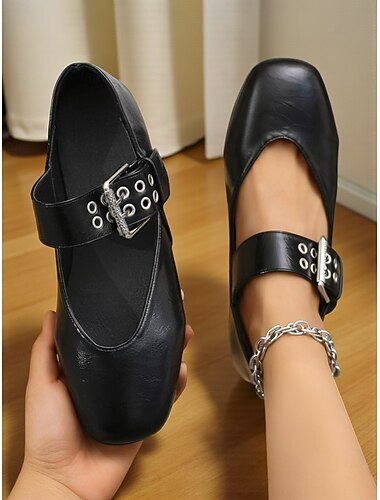  Dámské černé balerínky z umělé kůže s cvočkovou přezkou – elegantní vintage styl, pohodlné na běžné nošení, do práce i do kanceláře