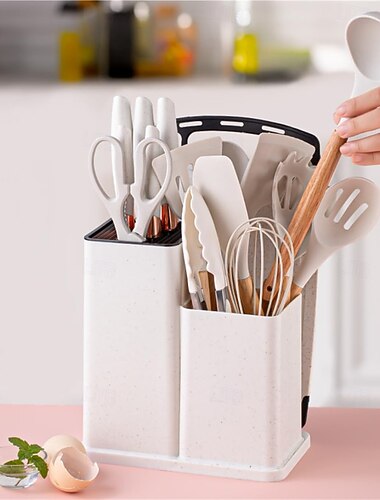  19-osainen keittiöväline- ja veitsisetti rakennuspalikoilla, mukaan lukien 11-osainen silikoninen keittovälinesetti, 5 terävää ruostumattomasta teräksestä valmistettua kokkiveistä, sekoituspihdit ja