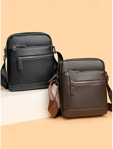  Herre skulderveske i ekte skinn – svart og brun crossbody-veske med flere glidelåslommer, stilig og slitesterk for jobb og uformelle utflukter
