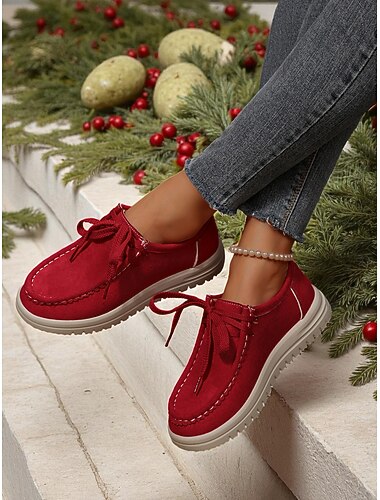  Dámské ležérní červené šněrovací boty - měkké protiskluzové ploché mokasíny, pohodlná obuv na každý den na Vánoce, nakupování a cestování