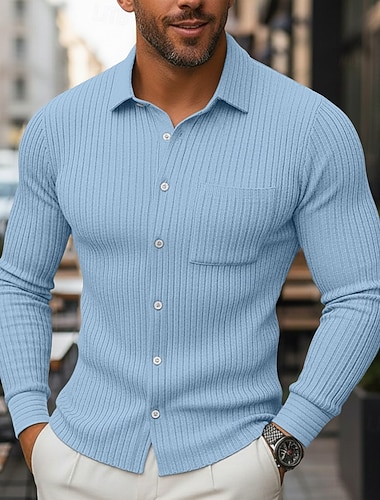  Herren Hemd Rippenstrick Freizeithemd Knopfhemd Blau Weiß Marineblau Grau Langarm Einfach Kragen Lässig Täglich Tasche Bekleidung Mode Modern Lässig Bequem