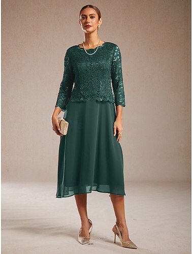  Femmes Robe Midi Robe en Chiffon Élégant robe demoiselle d honneur Cocktail Fête du thé Paillettes Dentelle Couleur Unie Manche 3/4 Col ras du cou Vert Emeraude