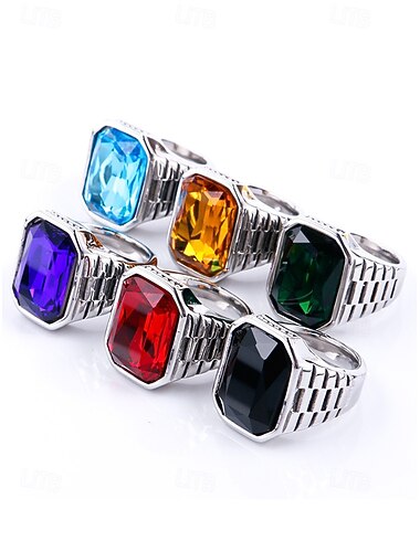  Anel masculino em aço titânio com grande pedra preciosa colorida – disponível em várias cores, design elegante para ocasiões casuais e formais.