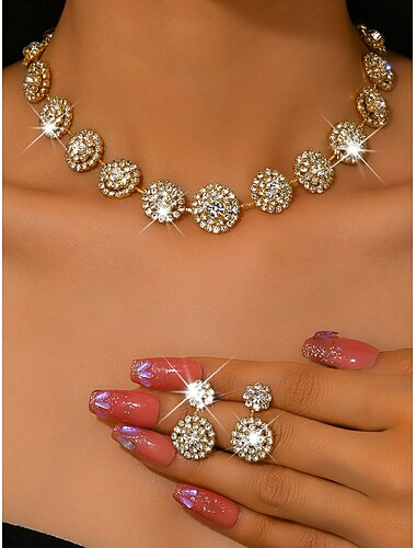  damski błyszczący komplet biżuterii kryształowej - naszyjnik z wyrazistym wzorem, kolczyki wiszące &bransoletka z łańcuszkiem i pierścionkiem, luksusowe dodatki z kryształkami na studniówki i bale