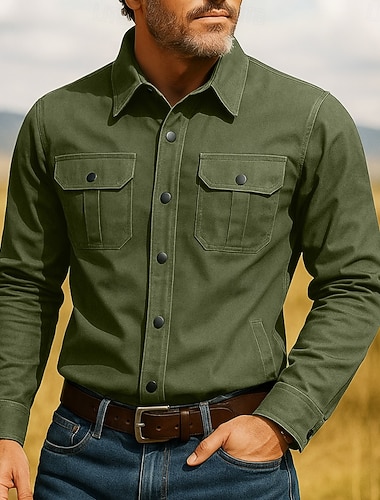  Herren Freizeithemd Knopfhemd Cargohemd Marineblau Kaki Armeegrün Grau Langarm Einfarbig Revers Outdoor Urlaub Mehrere Taschen Bekleidung Mode Sport & Outdoor Lässig Arbeitskleidung