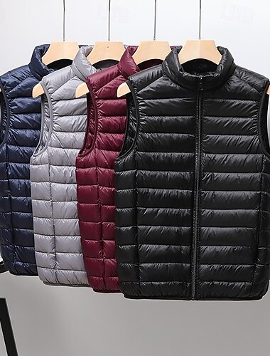  男性用 ダウンベスト ベスト ジレ バケーション 日常 デート ファッション カジュアル 秋 冬 ポケット ダックダウン ポリエステル 保温 快適 純色 ジッパ－ スタンド レギュラー ブラック ルビーレッド ネイビーブルー グレー ベスト