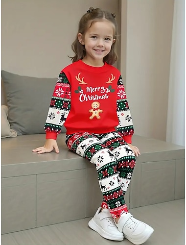  Navidad Chica 3D Graphic Cada Los hombres de pan de jengibre Conjuntos navideños regalo de Navidad Traje Deportivo Manga Larga Primavera Otoño Diario Básico Casual Niños 4-12 años Cuello Barco