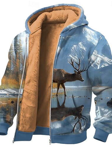  Homens Impressão 3D Veado Tosão Moletom Jaqueta Clássico Militar Caça Gola Redonda Ao ar livre Campismo Azul Castanho Claro Marron Zip Up Outono Inverno Designer S M L XL 2XL 3XL