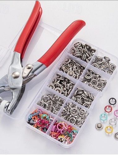  Zestaw 100 metalowych zatrzasków z szczypcami do zapięć i prasą, idealny do majsterkowania, szycia ubrań, czapek i innych rzeczy. Zestaw zatrzasków do szycia ubrań.