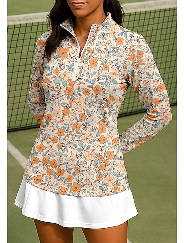  Dame Blomster قميص Sportsskjorte POLO T-skjorte Tennisskjorte Langermet Glidelås Blomster UPF50+ UV-bestandig Høy Elastisitet Fukttransport Pustende Volleyball Tennis Golf Høy krage Glidelåskrage