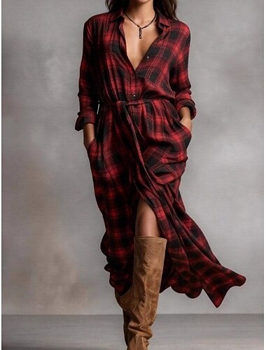  Damen Midikleid A Linie Kleid Urlaub Lässig Täglich Normale Passform Karomuster Langarm Hemdkragen Rote Frühling Herbst