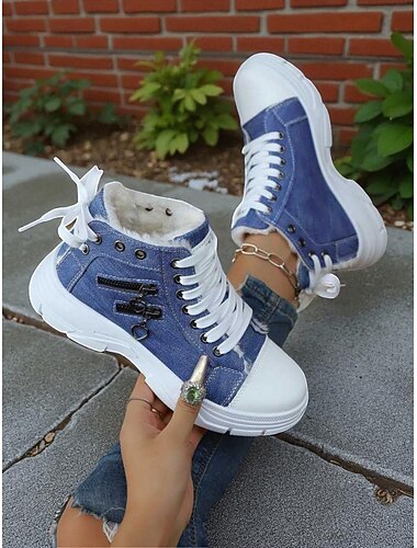  Dámské modré teplé vysoké tenisky s fleecovou podšívkou – zimní ležérní džínové boty na chůzi, cestování i každodenní nošení