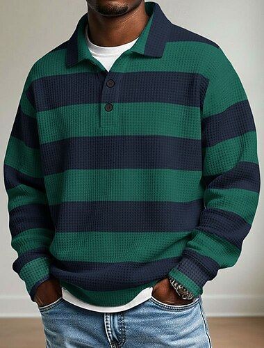  Муж. Горизонтальные полосы Рубашки-поло из вафельной ткани Регби-поло Длинный рукав Футболки поло Рубашки с воротником На каждый день Одежда для спорта и отдыха На каждый день Пуговицы