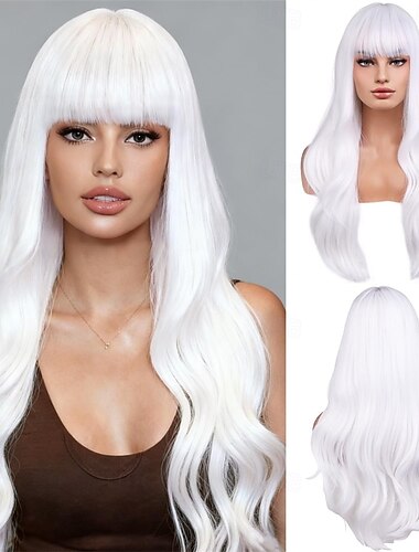  Lange, gewellte weiße Perücke mit Pony für Damen, Haarnetz für Karneval und andere festliche Anlässe