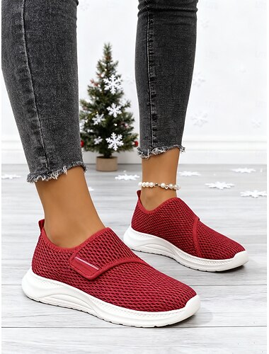  Pantofi de mers respirabili din plasă roșie cu velcro pentru femei – adidași ușori și confortabili, talpă flexibilă antiderapantă, ideali pentru purtare zilnică, călătorii, plimbări și ținute casual de Crăciun