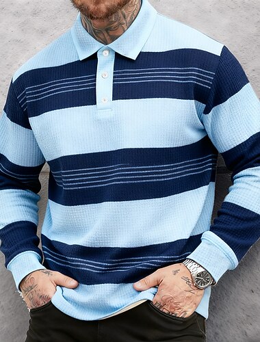 Herre Horisontale strimler Vaffel poloskjorter Rugby Polo Med Tekstur Langærmet Polo skjorter Knaphul Sportstøj Afslappet Skole atletiktøj Dagligdagstøj 3D-udskrivning Forår Efterår Vinter Blå Sort