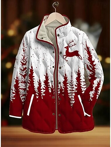  Жен. Зимняя куртка Стеганая куртка Сохраняет тепло Легкость Пуговицы С принтом Активный Винтаж Художественный На каждый день Дед Мороз Повседневные Короткая Воротник-стойка Стандартный Длинный рукав