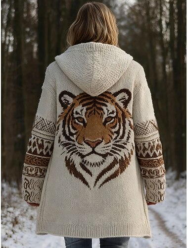  Per donna Cardigan Quotidiano Casual Grafico Animale Geometrico A Coste Con Cappuccio Patchwork Tasca Bottoni Manica Lunga Top Regolari Maglia All'aperto Weekend Marrone Autunno Inverno