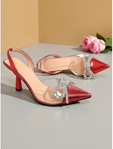  Sapatos de salto alto vermelhos femininos com tira no calcanhar e laço de cristal - elegantes sapatos de bico fino para coquetéis e eventos noturnos.