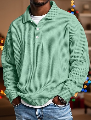  Herren Waffel-Poloshirts Poloshirts Formell Geschäft Gerippter Polokragen Langarm Mode Einfarbig Knöpfe Rein Herbst Frühling & Herbst Lässiger Schnitt Schwarz Leicht Grün Grün Hellblau Violett Khaki