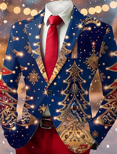  Noël Homme Veste blazer Manteau Confortable Respirant Artistique Occasionnel Tenue de soirée Quotidien Festival Impression 3D Boutons Toutes saisons Cranté manche longue Rouge Bleu