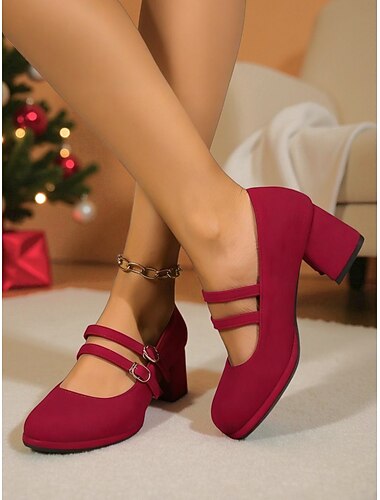  Rode Mary Jane-pumps voor dames uit de jaren 50 met dubbele bandjes – comfortabele blokhakken voor Kerstmis, feestdagen en kantoorkleding