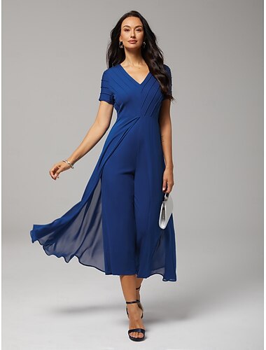  Macacão feminino azul royal com decote em V, design com painéis, duas peças sintéticas, fluido, transparente, tecido elástico, casual, primavera, verão, outono