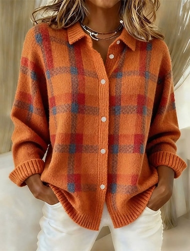  Damen Pullover Strickjacke Elegant Mode Streetwear Einfarbig Karomuster Hemdkragen Patchwork Knöpfe Gestrickt Langarm Normale Oberteile Stricken Täglich Heim Outdoor Blau Hellgrün Herbst Winter