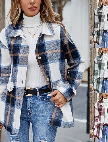  Γυναικεία Μπουφάν πουκάμισο Casual Jacket Άνετο Αναπνέει Τσέπη Κουμπιά Στάμπα Καθημερινό Καρό Διακοπές Δρόμος Causal Καθημερινά Ρούχα Μονόπετο Κανονικό Απορρίπτω Κανονικό Μακρυμάνικο