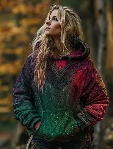  Dame Pullover hættetrøje sweatshirt Dyr Tribal Punk Årgang Gade Langærmet Hætte Almindelige toppe Gade Hverdag Afslappet Rød Lilla Brun Grøn Forår Efterår Vinter