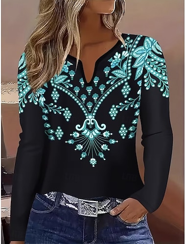  Women's T Shirt Graphic Plants Vintage Stylish Classic Long Sleeve V Neck Notched Neck Regular Tops Daily Print Black Blue Spring Fall