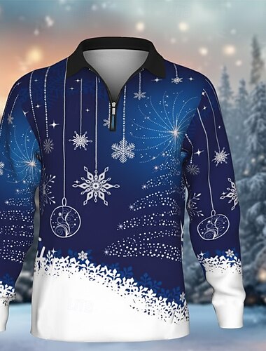  عيد الميلاد المجيد رجالي ندفة ثلجية بولو ستايل كم طويل طوي طوق بولو الحديث وقت الفراغ الرياضة & في الخارج كاجوال / يومي مهرجان سحاب طباعة ثلاثية الأبعاد الربيع الخريف الشتاء أحمر أزرق أخضر