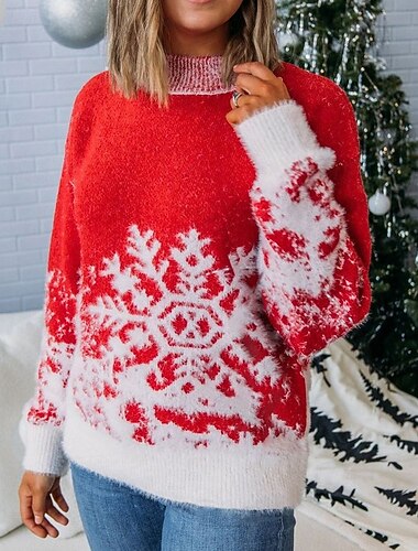  בגדי ריקוד נשים סוודר סגנון רחוב יום יומי גראפי עומד סרוג דפוס שרוול ארוך חולצות רגילות לִסְרוֹג חג מולד שנה חדשה יומי אודם סתיו חורף