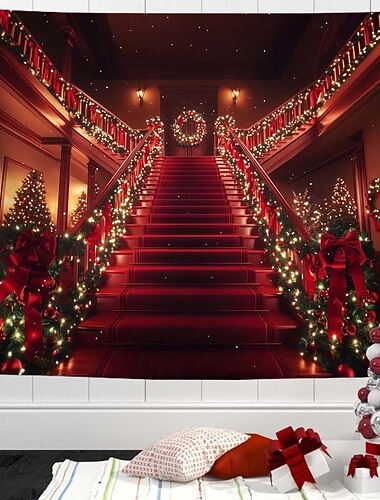  クリスマス階段タペストリー - クリスマスツリーのライトとガーランドの模様が飾られた、お祭り気分を盛り上げる壁掛け、冬のホームリビングルームの装飾