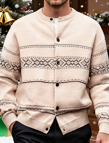  בגדי ריקוד גברים סוודרים לחג המולד סוודר חג סוודר קרדיגן סוודר קצוץ סוודר סרוג מצולע לִסְרוֹג חולצות רגילות כפתור למטה גאומטרי צווארון עגול קצר אופנתי קלסי חופשה לבוש יומיומי ביגוד סתיו חורף