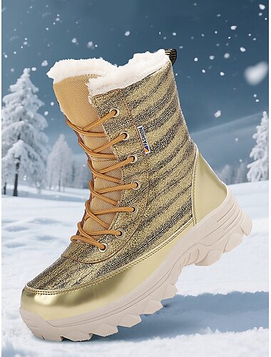  Dámské zlaté zimní sněhule na šněrování - teplá podšívka z umělé kožešiny, nepromokavá protiskluzová podrážka, módní outdoorové turistické a zimní oblečení