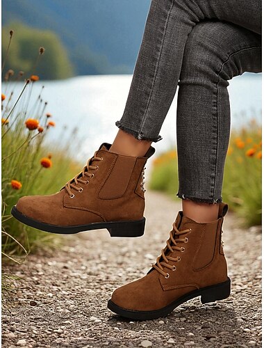  حذاء نسائي بني اللون برباط للكاحل - حذاء مسطح على طراز القتال، حذاء خارجي كاجوال للخريف والسفر والارتداء اليومي