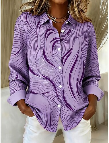  Damen Hemd Grafik Geometrisch Abstrakt Elegant Stilvoll Modern Langarm Hemdkragen Normale Oberteile Arbeit Party-Abendmode Täglich Knöpfe Druck Purpur Frühling Herbst Winter Frühling, Herbst, Winter
