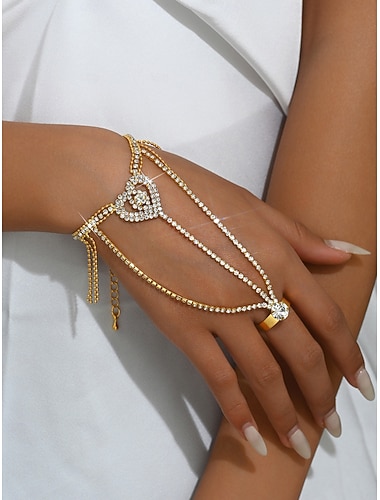  Damska złota bransoletka z serduszkiem i cyrkoniami - elegancki zestaw bransoletek z kryształkami na imprezy, wesela i wieczorne okazje