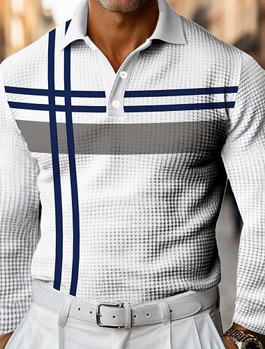  Miesten Geometrinen Vaakasuuntaiset nauhat Vohveli poolopaidat Pitkähihainen Poolopaidat Kauluspaidat Business Casual liiketoiminta Käytä töihin Arki-asut Napit Kevät Syksy Talvi Musta Valkoinen