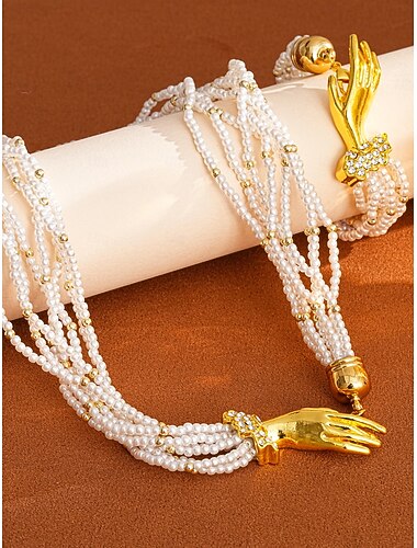  סט תכשיטים לנשים משובצים פנינים בעבודת יד - סט שרשרת וצמיד ייחודי משובצים באבני חן למסיבות ואירועי ערב &אירועים מיוחדים