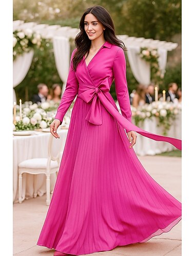  Ligne A Longueur au sol Robe en Satin Robe d'invité de mariage Robe de Cérémonie Robe de Mère de Mariée  manche longue Col de chemise Élégant ancien Formel robe demoiselle d honneur Église Chiffon