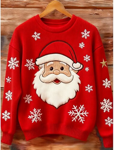  Γυναικεία Πουλόβερ Καθημερινά Καθημερινό Γραφική Άγιος Βασίλης Κοτλέ Στρογγυλή Ψηλή Λαιμόκοψη Πλεκτό Στάμπα Μακρυμάνικο Κανονικά μπλουζάκια Πλέκω ΕΞΩΤΕΡΙΚΟΥ ΧΩΡΟΥ Αργίες Σαββατοκύριακο Ρουμπίνι