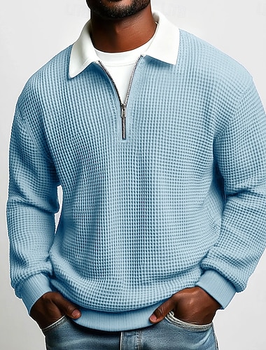  Homme Chemises Polo Gaufre Rue Occasionnel Col Rabattu manche longue Mode Loisir Bloc de Couleur Zip Up Patchwork Automne Printemps & Automne Toutes saisons Coupe régulière Bleu Pourpre Vert Véronèse