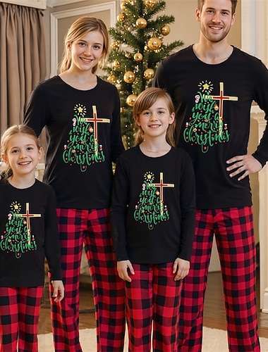  Olhar de família Natal Pijama de Natal para a Família Pijamas Conjuntos de família Gráfico Xadrez Árvore de Natal Casa Imprimir Vermelho Manga Longa Diário Roupas Combinando